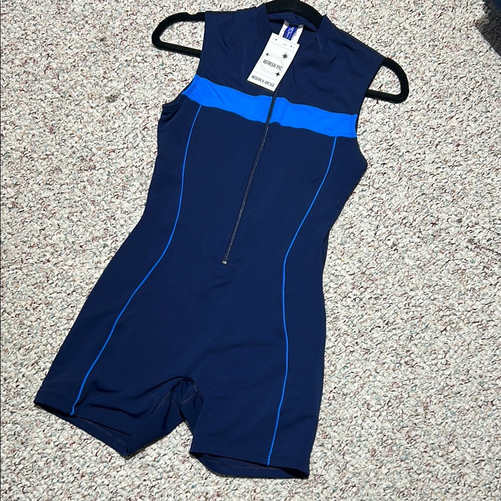 Soleil Swim by Swimco Blue Zip Front Swim Romper |‎ Size 34 | One Piece